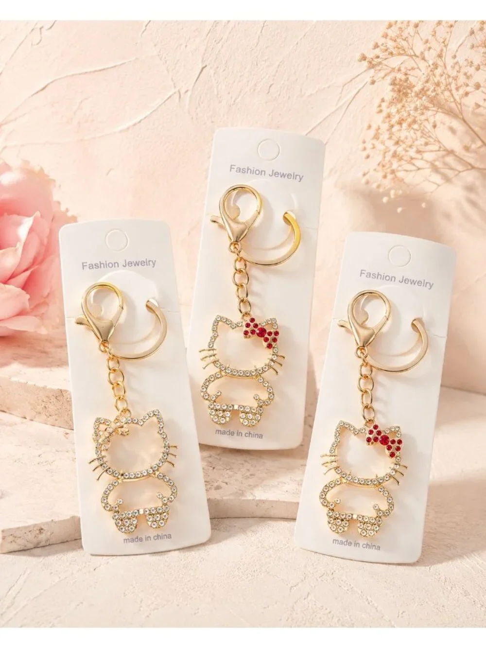 Gold Hello Kitty Keychain with Pink Bow 🎀 and Rhinestones